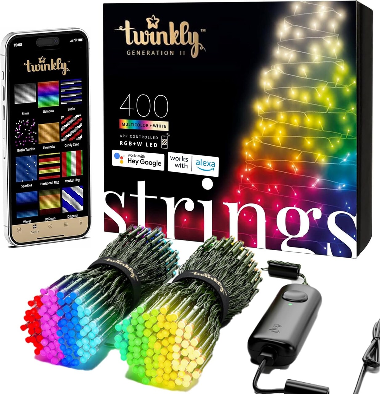 Strings 400 LED RGB+ White, LED Light String, in- and Outdoor Smart Multicolor LED Lights, Compatible with HomeKit, Alexa, and Google Home, Gaming, IP44, App Control, Green Wire, 105ft